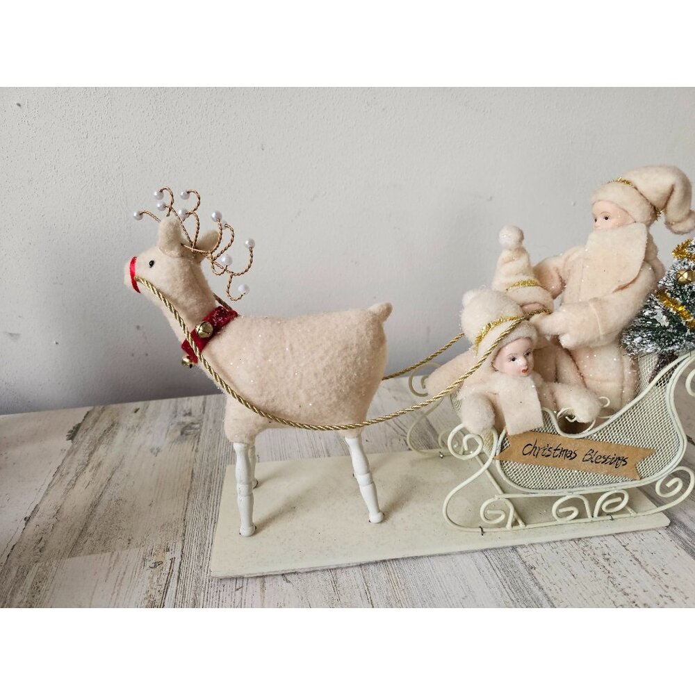 Vintage reindeer sleigh children‎ sparkle glitter shabby chic Xmas decor large